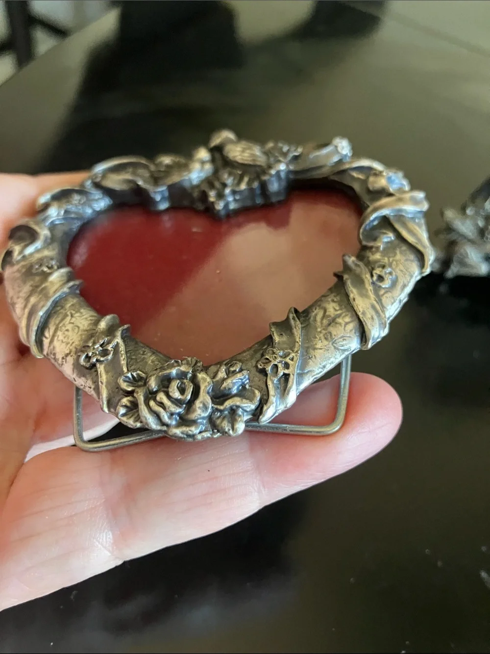 Ornate Heart-Shaped Silver Photo Frame with Red Velvet Mat